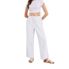 CHARTOU Women's Summer Drawstring Waist Wide Leg Loose Cotton Linen Palazzo Pants (Large, White)