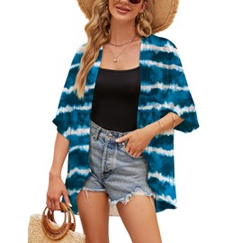 Chunoy Women Summer Tie Dyed Short Sleeve Chiffon Casual Kimono Cardigan Cover Up Blue Medium