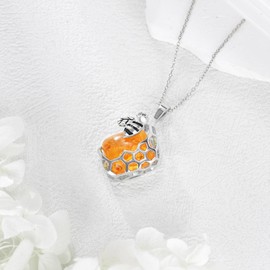 TIGER RIDER Bee Amber 925 Sterling Silver Necklace Honeycomb Pendant Jewelry Gift for Women Birthday Christmas