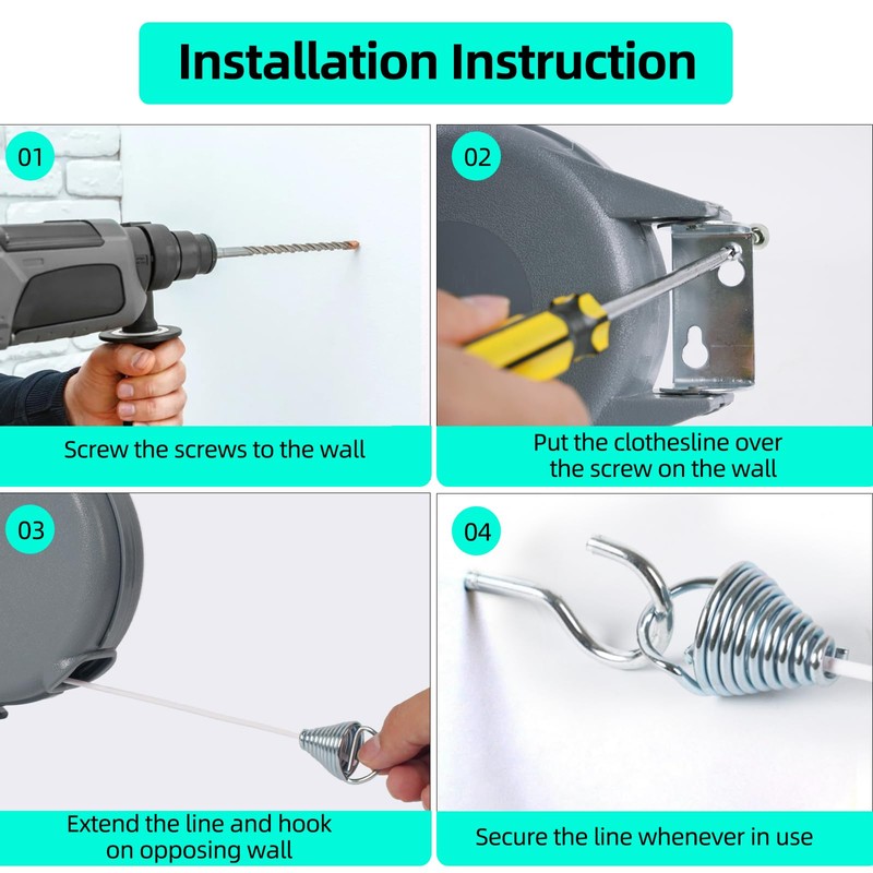 Retractable Clothesline - Heavy Duty Laundry Line with 12 Wood