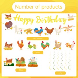 Chicken Birthday Party Decorations Banner - 11 Pcs Farm Party Decoration Including Yellow Happy Birthday Banners Rooster Hanging Swirls Honeycomb Centerpieces for Animal Themed Baby Shower Supplies