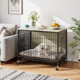 Dog Crate Furniture for Small Dogs, 27.2" L x 20.1" W x 23.6" H Indoor Kennel with Double Doors, Wheels & Removable Tray, Sturdy Dog Cage with Easy Assembly, Rustic Grey