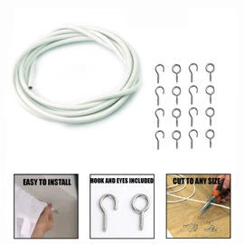 DIVCHI White Window Net Curtain Wire Cord Cable With 8 Hooks & 8 Eyes (3 Meter Net Curtain Wire+8 Hooks+8 Eyes)
