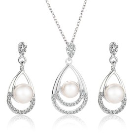 Necklace and Earring Sets for Women Pearl Necklace and Earrings Set Gold Jewellery Set Teardrop Zirconia Rhinestone Drop Earrings Necklace Pearl jewellery Sets for Women Brides (silver)
