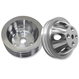 Tiny Force Chrome Polished Aluminum 2 Groove Upper Water Pump & 3 Groove Crankshaft Pulleys Compatible with SBC Chevy SBC 265 283 305 327 350 383 400 Long Water Pump LWP Crank