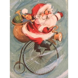 Vintage Christmas Card Cute Santa Claus Riding Unicycle with Toy Sack NOS w/ Env