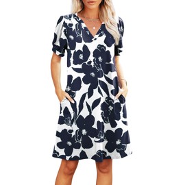 RUMIA V-Neck Summer Tropical Sundress for Women- Ruched Short Sleeve Floral Casual Dress with Pockets for Hawaiian Vacation