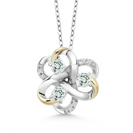 Gem Stone King 925 Silver and 10K Yellow Gold Round Sky Blue Aquamarine and White Moissanite 3-Stone Pendant Necklace For Women (0.80 Cttw, Gemstone March Birthstone, with 18 Inch Chain)