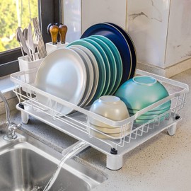 Goderewild Dish Drying Rack for Kitchen Counter,Space-Saving Dish Rack with Drainboard,Rustproof Countertop Dish Drainer with Utensil Holder for Sink,White