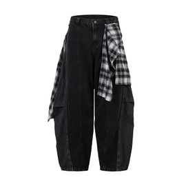 Aelfric Eden Barrel Jeans Detachable Plaid Baggy Jeans Wide Leg Hip Hop Streetwear Y2k Denim Pants Trousers Black