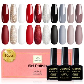 YSUVIN Gel-Nagellack, 10 Farben, Rot, Schwarz, Grau, Weiß, Nagellack, Pailletten, Soak Off, LED, Gel, Nail Art, Maniküre, Salon, DIY zu Hause, Schönheitsgeschenke