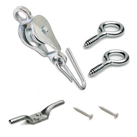 Banner® Washing Line Pulley with Screw Eyes and Cleat Hooks and Screws Steel Galvanized (1 x Pulley, 2 x Screw Eyes, 1 x Cleat Hook)