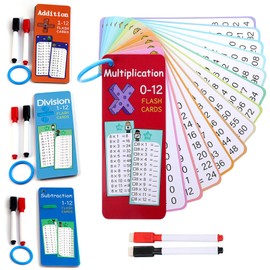 70pcs Times Tables Flash Cards, 1-12 Addition Subtraction Multiplication and Division Table Flash Cards, Math Flash Cards with Dry Erase Markers and Rings, Multiplication Game for Kids