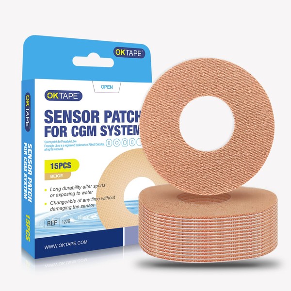 OK TAPE Adhesive Patches for Freestyle Libre 15 PCS, Waterproof & Sweatproof CGM Patches, Long Last Sensor Patches, Beige
