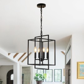KMaiPem Vintage Black Chandelier, 4-Light Farmhouse Chandeliers for Dining Room, Modern Metal Geometric Lantern Hanging Pendant Lighting Fixture for Kitchen Island Entryway Foyer Bedroom