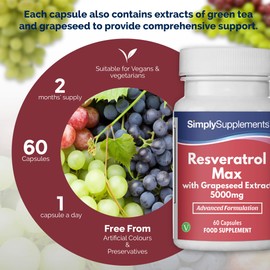 Simply Supplements Resveratrol Capsules with Grapeseed Extract & Green Tea | Potent Formula with Vitamin C & Thiamin | Vegan & Vegetarian Friendly | 60 Capsules = 2 Months' Supply | Manufactured in The UK