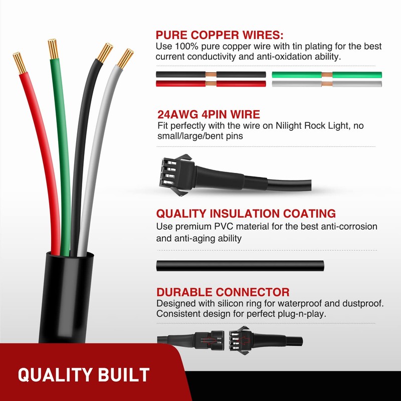 Nilight Extension Cable for Motorcycle LED Strip Lights 4PCS 2