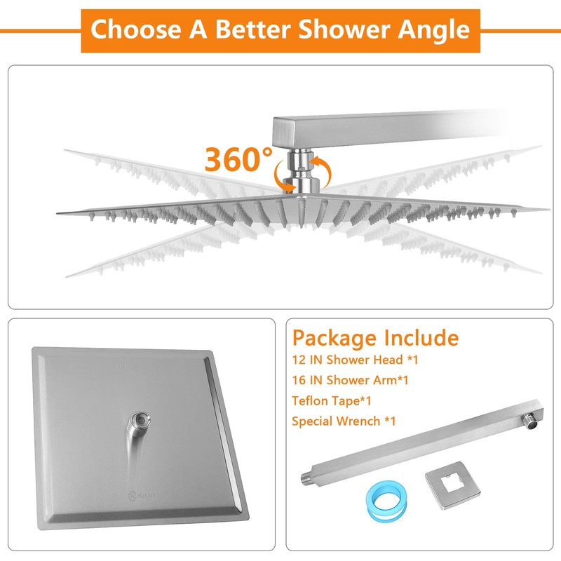 HarJue Shower Head with Extension Arm, High Pressure Square with