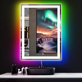 ARUMMA 30 x 20 Inch Square LED Bathroom Mirror with Front Lights 3 Color + Rainbow RGB Backlit Light up Mirror for Bathroom Wall Mounted Lighted Vanity Mirror Anti Fog RGB 30x20 Smart Lighted Mirror