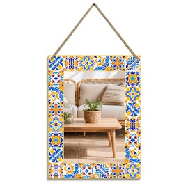 KEQAM Rectangle Mirror for Wall, 12"x16" Decorative Mirrors, Yellow Mosaic Mirrors, Wall Decor Mirror with Hanging Rope for Living Room, Entryway, Bedroom, Dining, Kitchen
