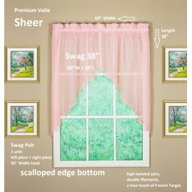 Today's Curtain Emelia Original Voile Swag Pair 38", Rose, 60" W x 38" L