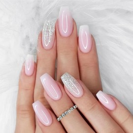 Press On Nails in Pink with Glitter, Square French Nails Made of Acrylic for Sticking Including Nail Glue, Full Cover False Nails for Women and Girls, Pack of 24