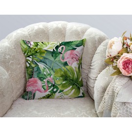 TSSOHU Watercolor Flamingo Tropical Green Pink Pillow Cover 18x18 Inch Farmhouse Decorative Throw Pillow Cover Square Cushion Case for Home Sofa Couch Decoration