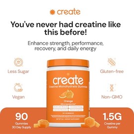 Create - Gomitas de creatina monohidratada - Mejoran concentracin, fuerza y resistencia, no se derriten, veganas, sin gluten y sin OMG, 1.5 g de...   