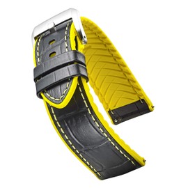 STUNNING SELECTION Alpine Black-Yellow Genuine Alligator Grain Leather Watch Band with Silicone Waterproof Lining | 24mm Quick Release Watch Band | Compatible with Traditional & Smart Watches