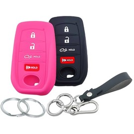 RUNZUIE 2Pcs 4 Buttons Silicone Smart Key Fob Cover for 2019-2022 2023 2024 2025 Toyota Prius Land Cruiser Venza RAV4 Prime Hilux Tundra Corolla Crown Highlander BZ4X (Black/Hot Pink)