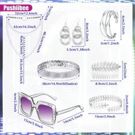 7 Pcs Sliver Disco Accessories, Retro 70s Disco Costume Jewelry for Women, 70s Disco Outfits Accessories Glitter Earrings Necklace Bracelet Hair Comb Rhinestone Frame Glasses for Women