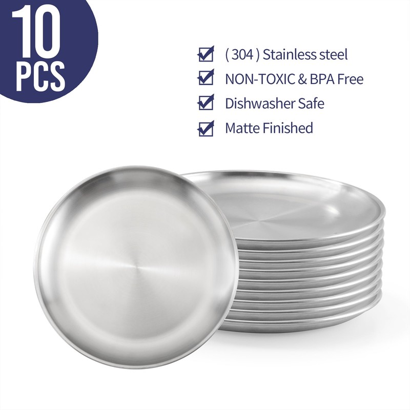 Aramanara 10 Pcs 20 cm Stainless Steel Plate, Round Dinner