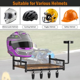 Motorcycle Helmet Holder Wall Mount, Rustic Helmet Display Rack with Hooks, Storage Shelf, 4 Glove Clips for Motorcycle Gear Accessories Storage, Brown