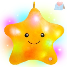 WEWILL 9'' LED Twinkle Star Soft Plush Pillow Toys Glowing Stuffed Star Light up Pillow Plush with Colorful Night Lights Birthday Valentines Day Gift for Toddler Kids(Yellow)