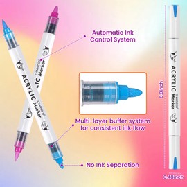 CHARSOCO Acrylic Paint Markers, 24 Colors Dual Tip Acrylic Paint Pens, Water-Based No-Bleed Markers with Automatic Ink Control System, Bullet & Brush Tip, Works on Paper, Wood, Ceramic, Rock,813-24pcs