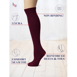 HUGH UGOLI Women Cotton Knee High Socks, Long Dress School Uniform Socks for Girls, Soft & Lightweight Boot Socks, Shoe Size: 8-11, Burgundy, 4 Pairs