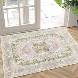 Castage Small Rugs 2x3,Pink Rug for Entryway Bathroom Bedroom Kitchen Entrance Doormat,Boho Vintage Bohemian Distressed Washable Accent Floor Throw Carpet Non Slip,Blush Green