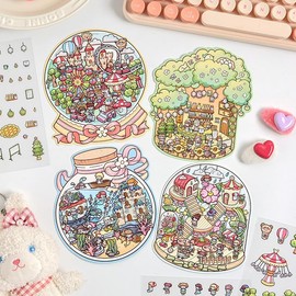4 Sets of 3D Scene Stickers - Mermaid's Bottle Castle,Crystal Amusement Park,Mysterious Flower House,Cozy Treehouse - Cute Kawaii Decals for Kids,Teens,and Adults - Funny,Humorous and Highly Playable