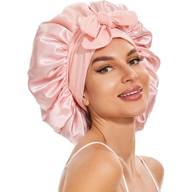 Large Silk Bonnet for Sleeping, Satin Hair Bonnet for Sleeping with Tie Band, Double Layer Satin Bonnets for Women Natural Curly Hair Shower cap (pink, L(16.5inch))