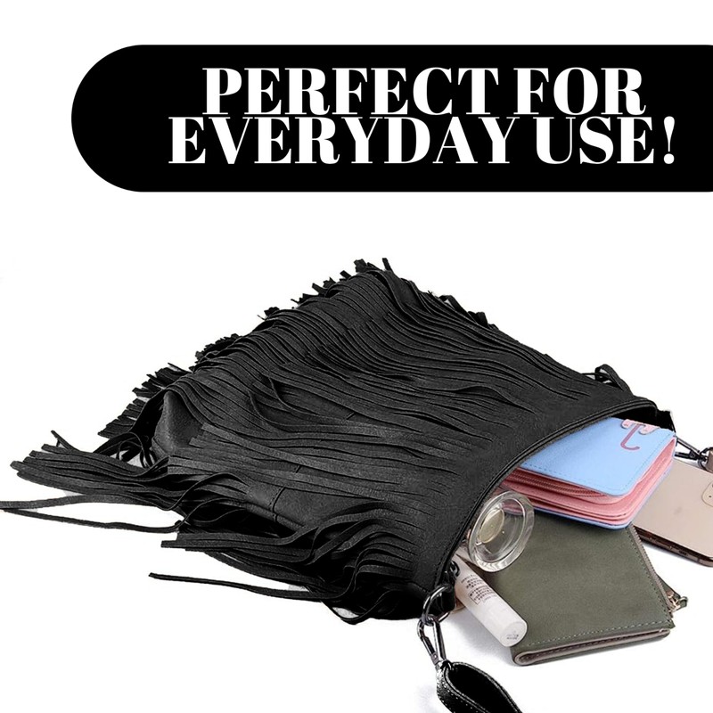 kukubird Crossbody Bags Tassel Fringe Zipper Closure Faux Leather Medium