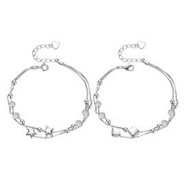 FFDHWU 2 Pieces Of Silver Bracelets, Silver Bracelets For Women, Star Four-Leaf Clover Bead Bracelets, Adjustable Bracelets, Fashionable And Simple Bracelets, Gift Bracelets For Women