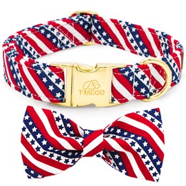 Tunkoo American Flag Dog Collar with Cute Bow Tie 4th of July Cotton Collar Adjustable Durable for Outside Small Medium Large Boys Girls Dogs, S