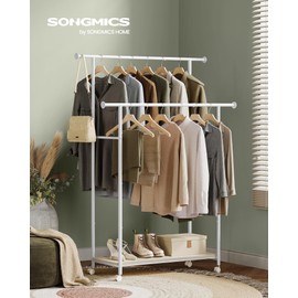 SONGMICS Clothes Rack with Wheels, Double-Rod Clothing Rack for Hanging Clothes, 38.8 Inches Garment Rack with Shelf, Loads up to 220 lb, for Bedroom, Closet, Natural Beige and Cloud White UHSR152W01