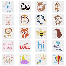FINGERINSPIRE 20 Pcs Baby Shower Stencils 5.9x5.9 inch Elephant Deer Rabbit Monkey Lion Craft Stencils Reusable Firework Moon Stencil Word for Painting on Scrapbook Fabric Tiles Furniture Wood Wall