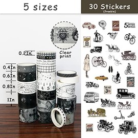 Juego de 20 rollos de cinta Washi vintage y 30 pegatinas retro negras, cinta adhesiva estética floral ancha para suministros de álbumes de recortes, Junk Journal, planificador, decoración