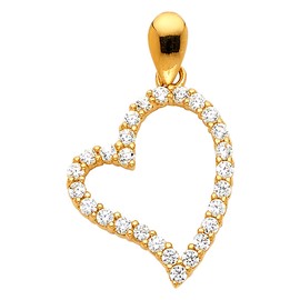 Small Tiny 14k Yellow Gold Heart Outline CZ Pendant Charm For Necklace Chain