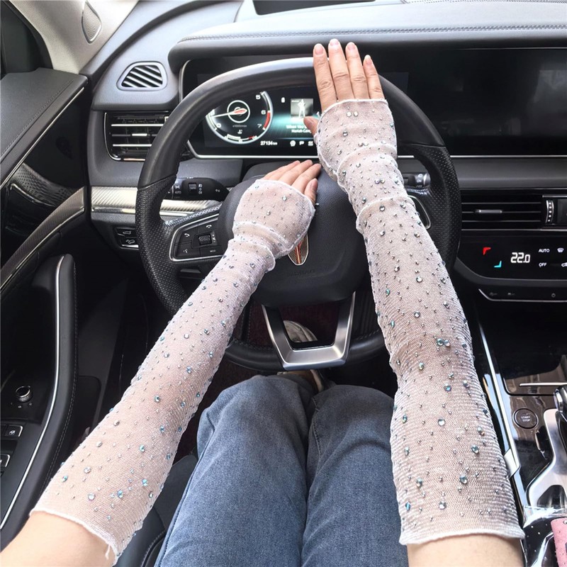 Gloritmo Women's Long Fingerless Sheer Gloves Rhinestone Elbow Length Mesh