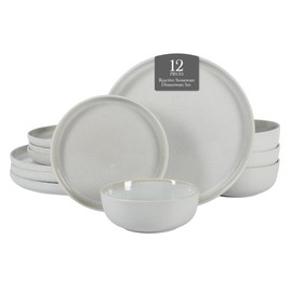 Gibson Elite Tahoe Sunset 12 Piece Stoneware Reactive Glaze (Service for 4) Ceramic Plates and Bowls Dinnerware Set - Cream White
