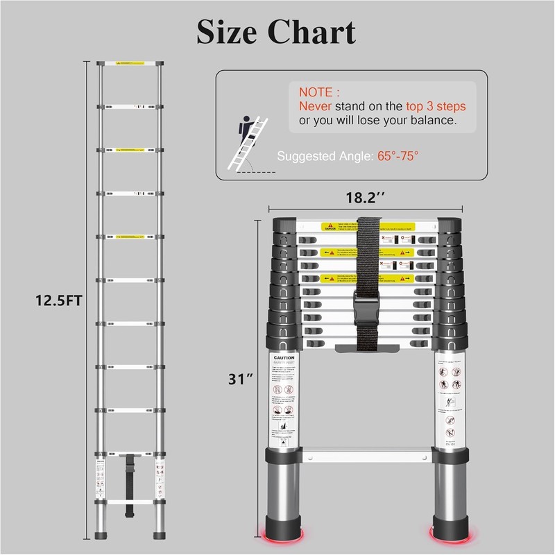 Adjustable Retractable Telescopic Collapsible Telescoping Ladder Extension - 10.5 FT