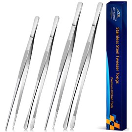 JETKONG 4 Pcs Kitchen Tweezers Tongs Stainless Steel Cooking Tweezers Set, Professional Kitchen Long Tweezer for Cooking, Repairing, and BBQ (10+12-Inch, Silver)
